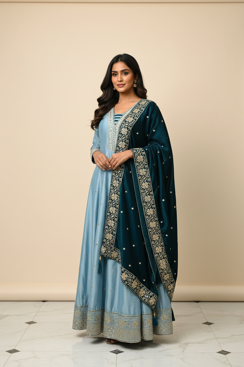 Size 50 - Plus Size Blue Long Anarkali Dress