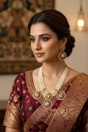 White Small Beads with Jadau Kundan Pendants Necklace Set