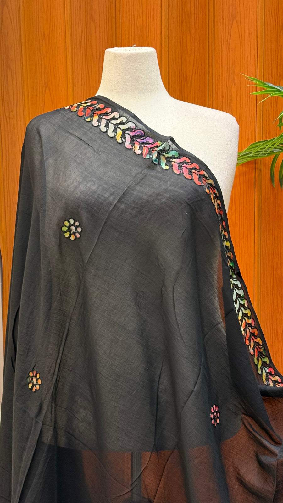 Pure Cotton Black Dupatta with Colorful Border