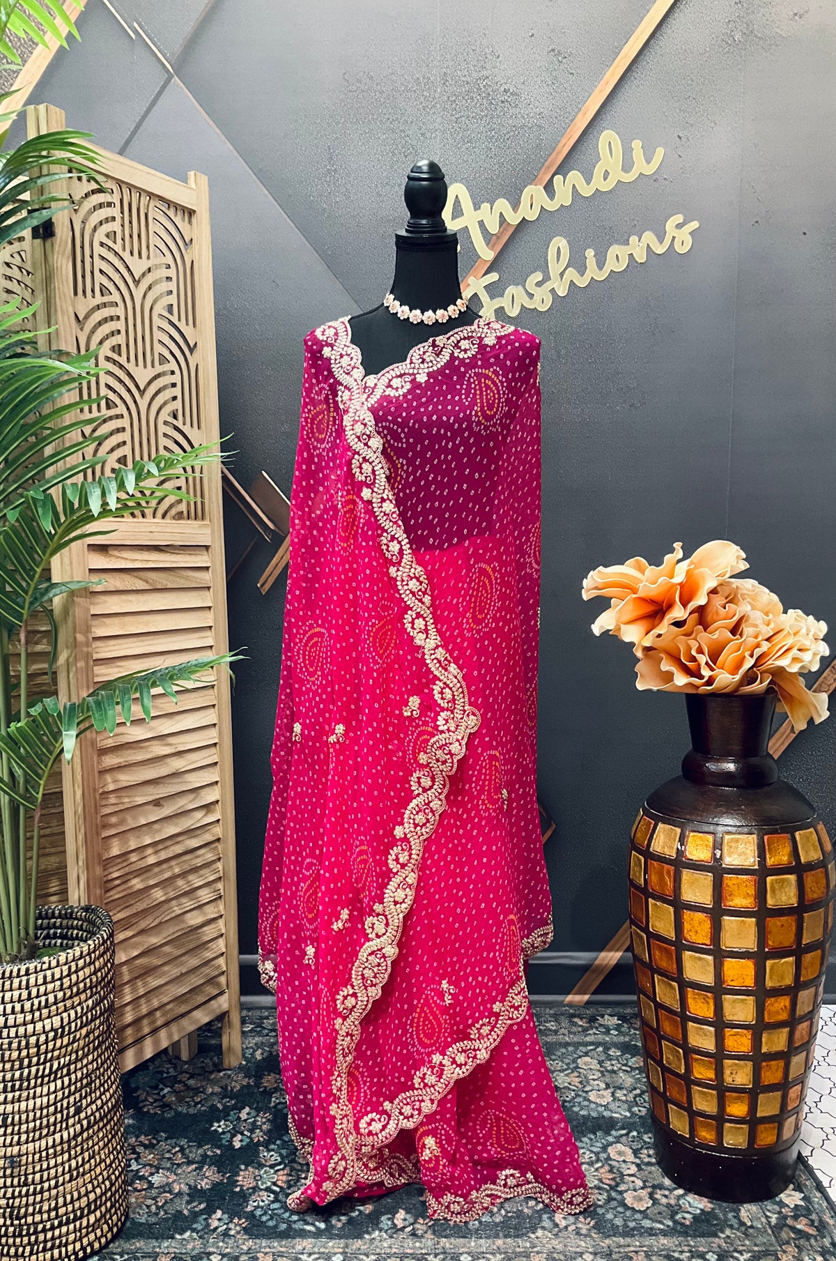 Pink Chiffon Bandhini saree with Embroidery Work