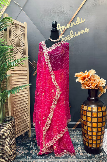 Pink Chiffon Bandhini saree with Embroidery Work