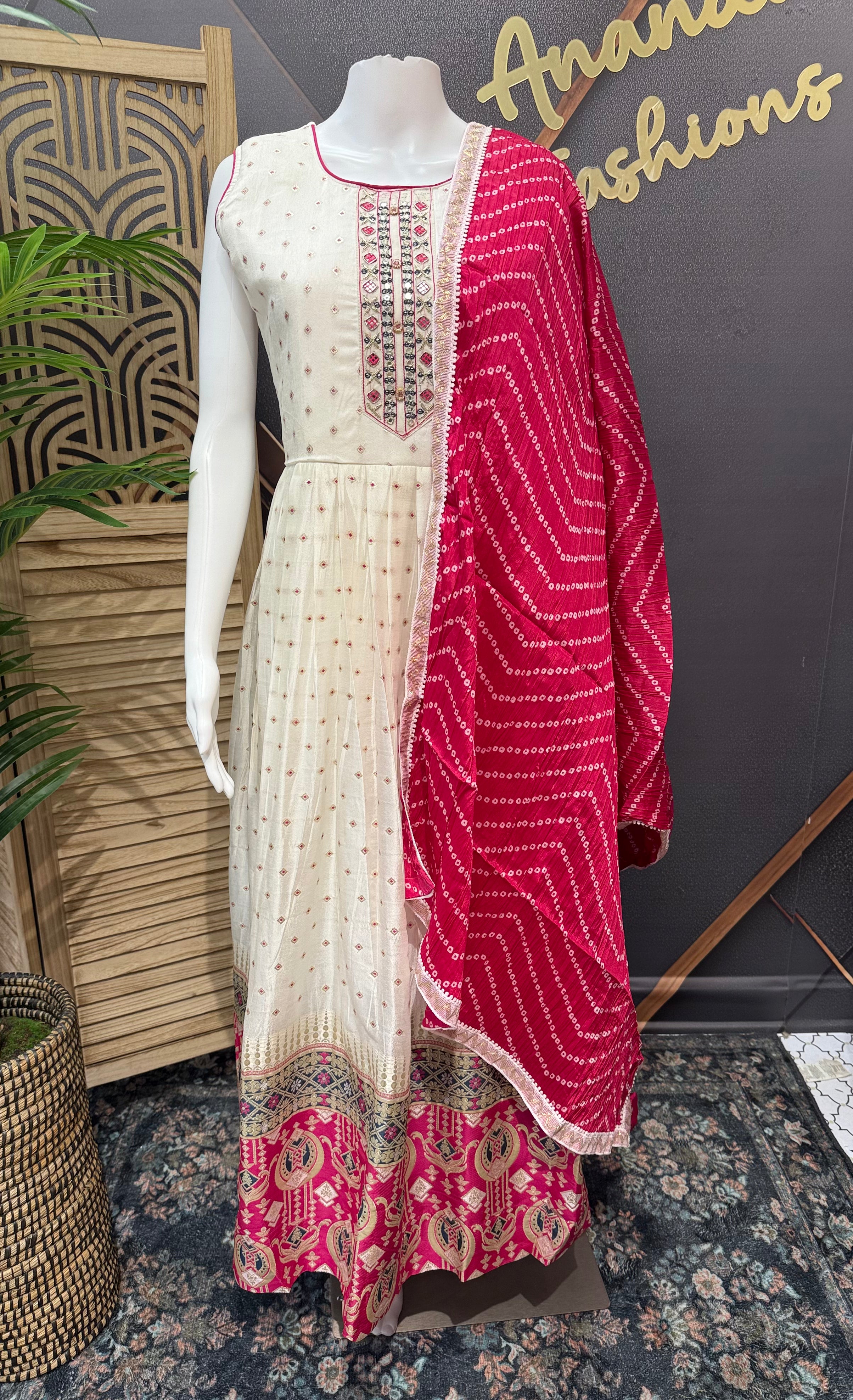 Teenage Girls- Party Wear White Long Dress with Bandhani Dupatta