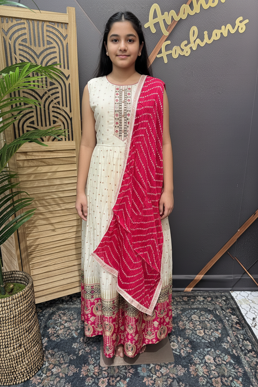 Teenage Girls- Party Wear White Long Dress with Bandhani Dupatta