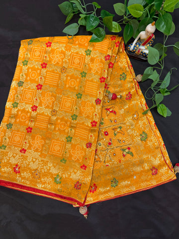 Mango Yellow Bhandhini Weaving Saree - Premium Quality with Bead Embroidery & Red Blouse