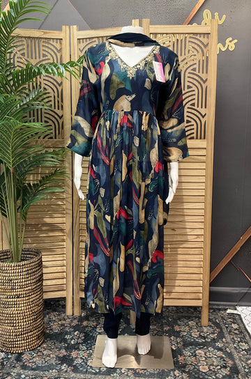 Navy Blue Chiffon Party Wear Kurti Set - Patterned Design