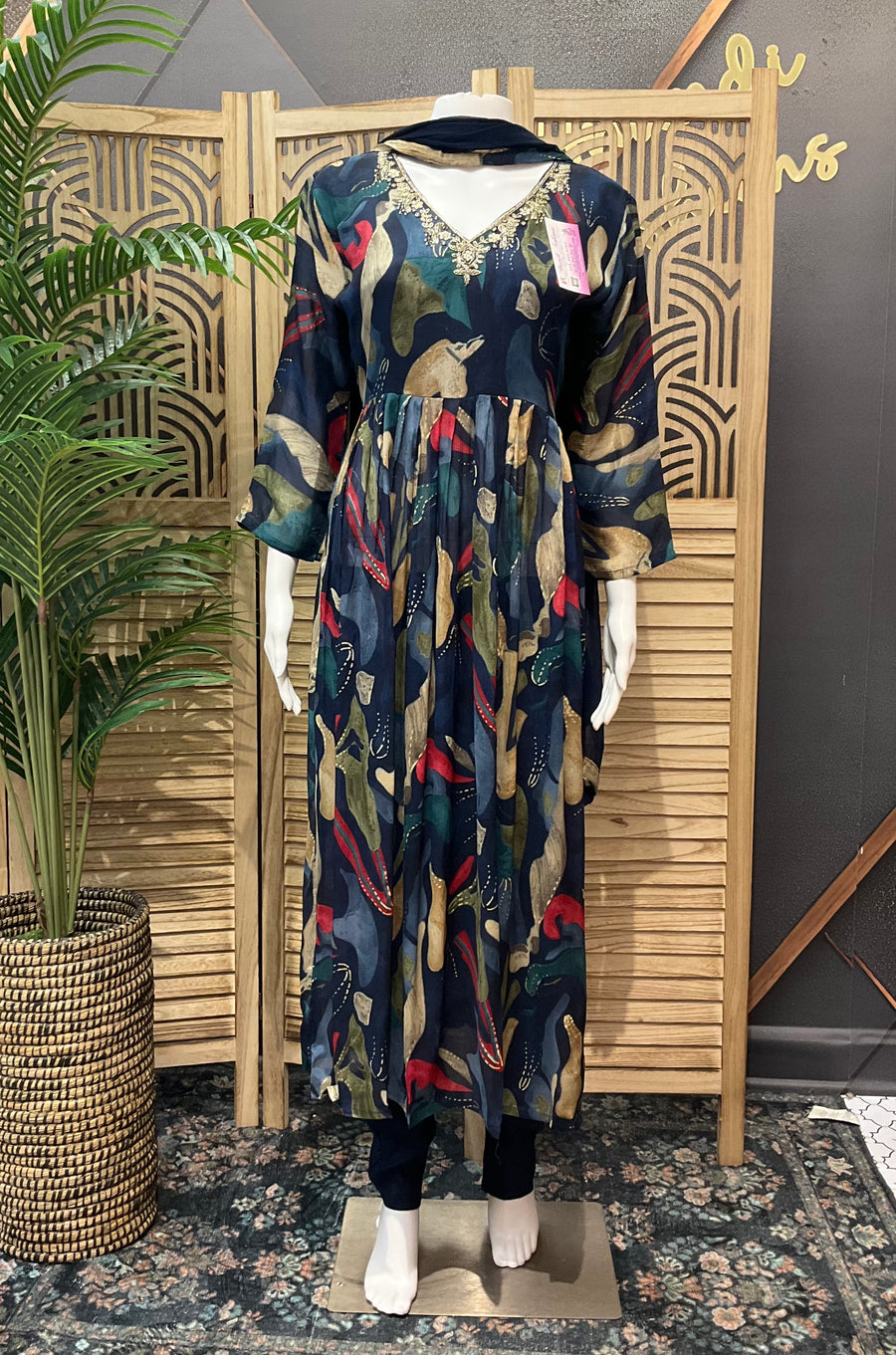 Navy Blue Chiffon Party Wear Kurti Set - Patterned Design