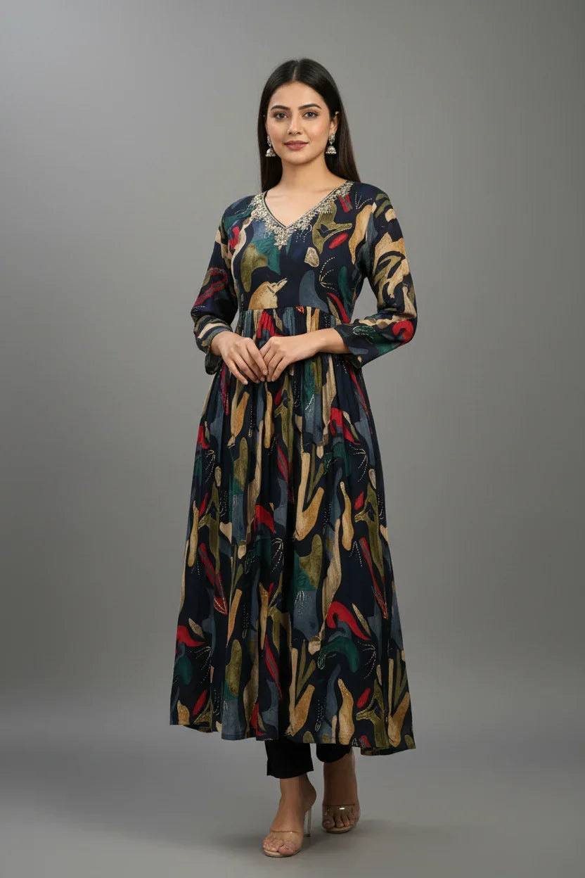 Navy Blue Chiffon Party Wear Kurti Set - Patterned Design