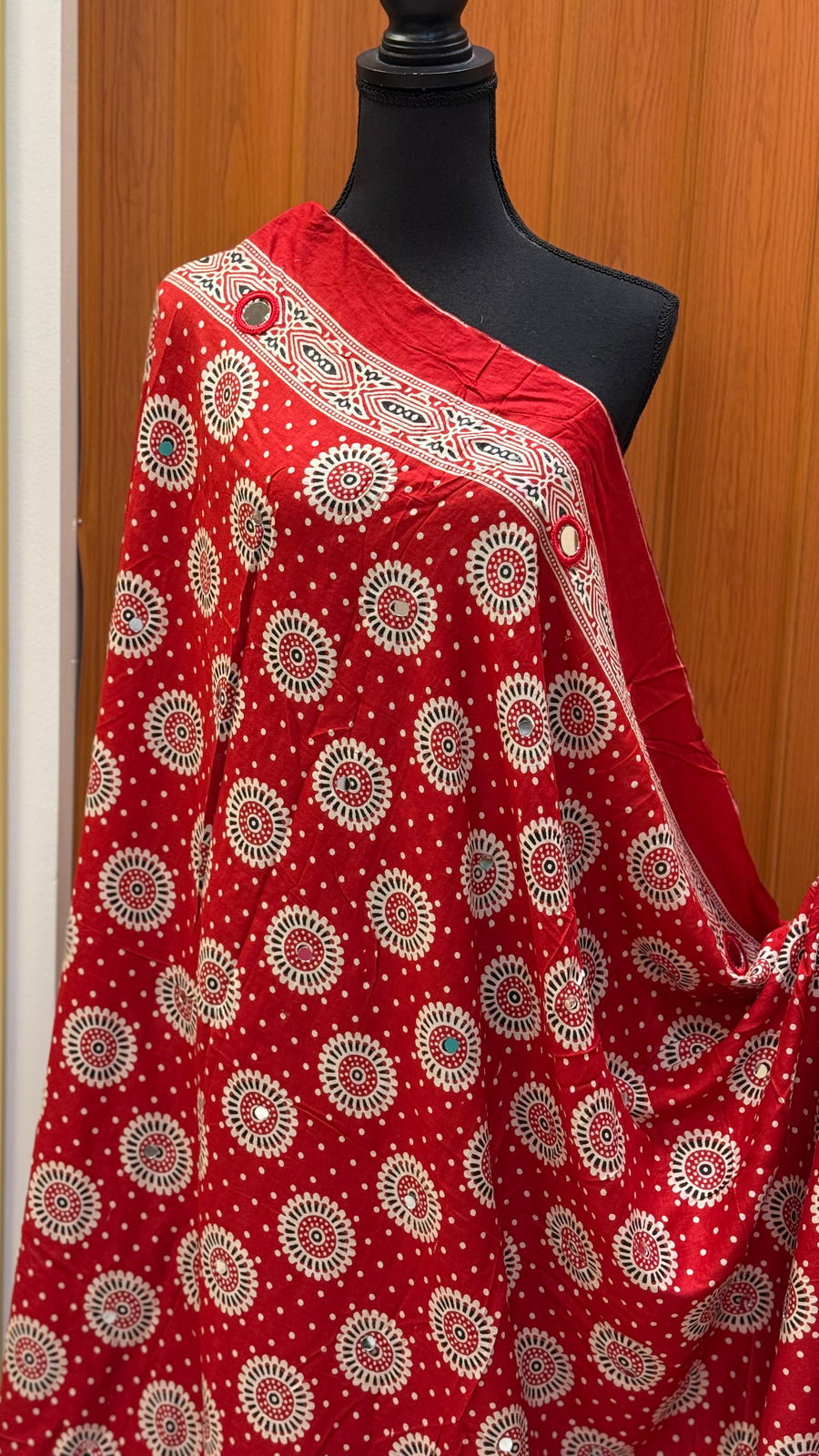 Red Pure Cotton Ajrakh Print Mirror Dupattas