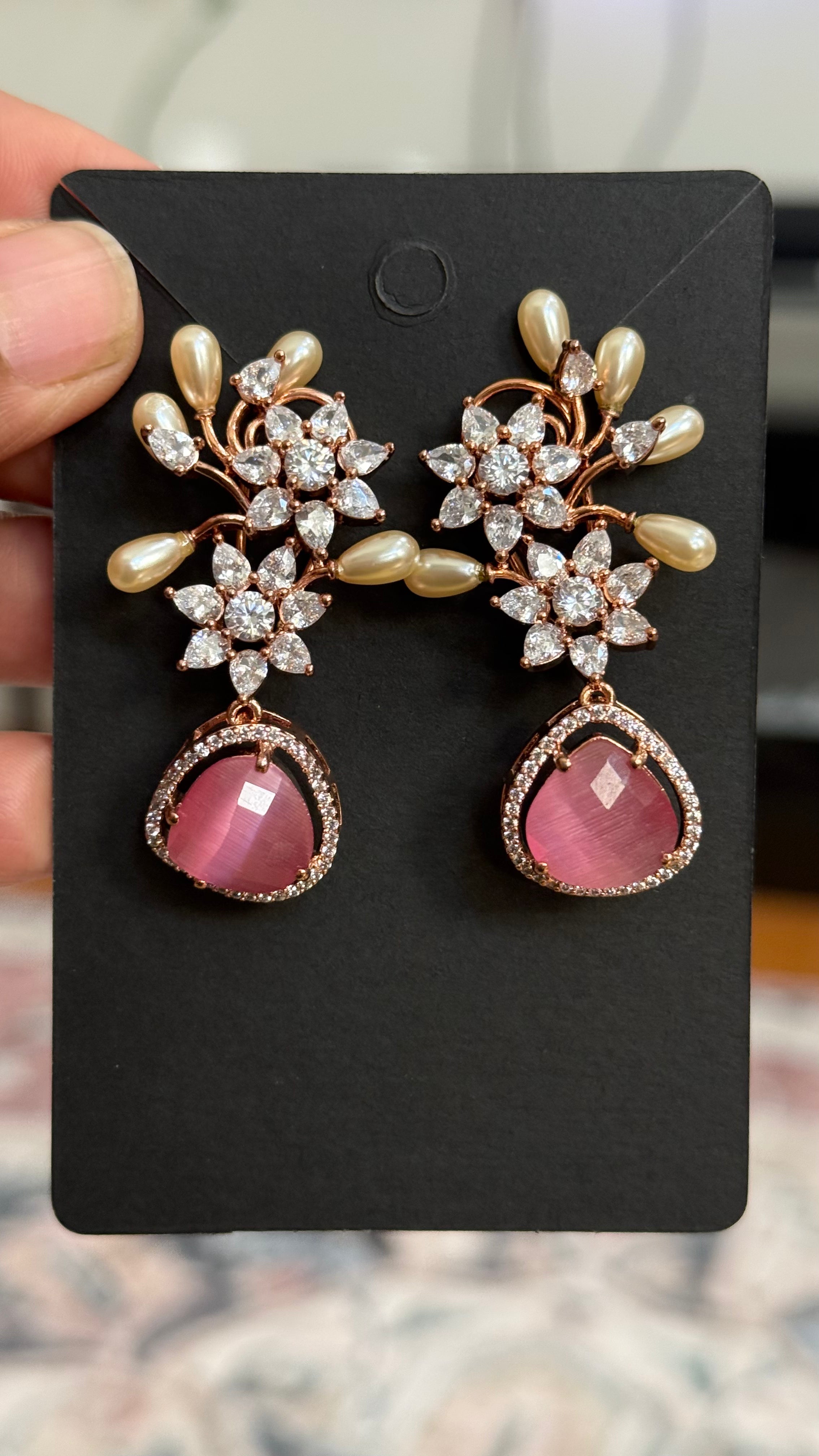 Designer AD Earrings with Baby Pink Stone - Jewelry - Earrings - Anandi Fashions