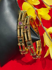 Designer Antique Bangles with Pink & Green Stones - Pair of 2