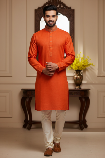 Plus size 50- orange cotton kurta set for men