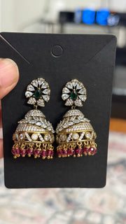 Party Wear CZ Victorian Finish Jhumkas- Maroon - Jewelry - Earrings - Anandi Fashions