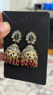 Party Wear CZ Victorian Finish Jhumkas- Maroon - Jewelry - Earrings - Anandi Fashions