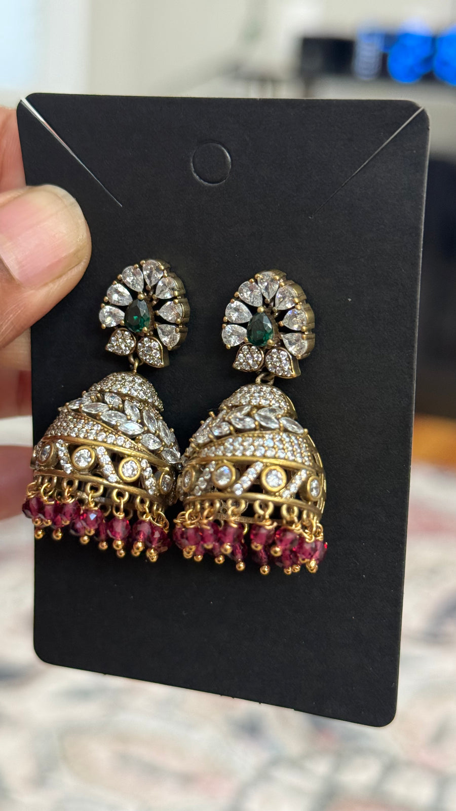 Party Wear CZ Victorian Finish Jhumkas- Maroon - Jewelry - Earrings - Anandi Fashions