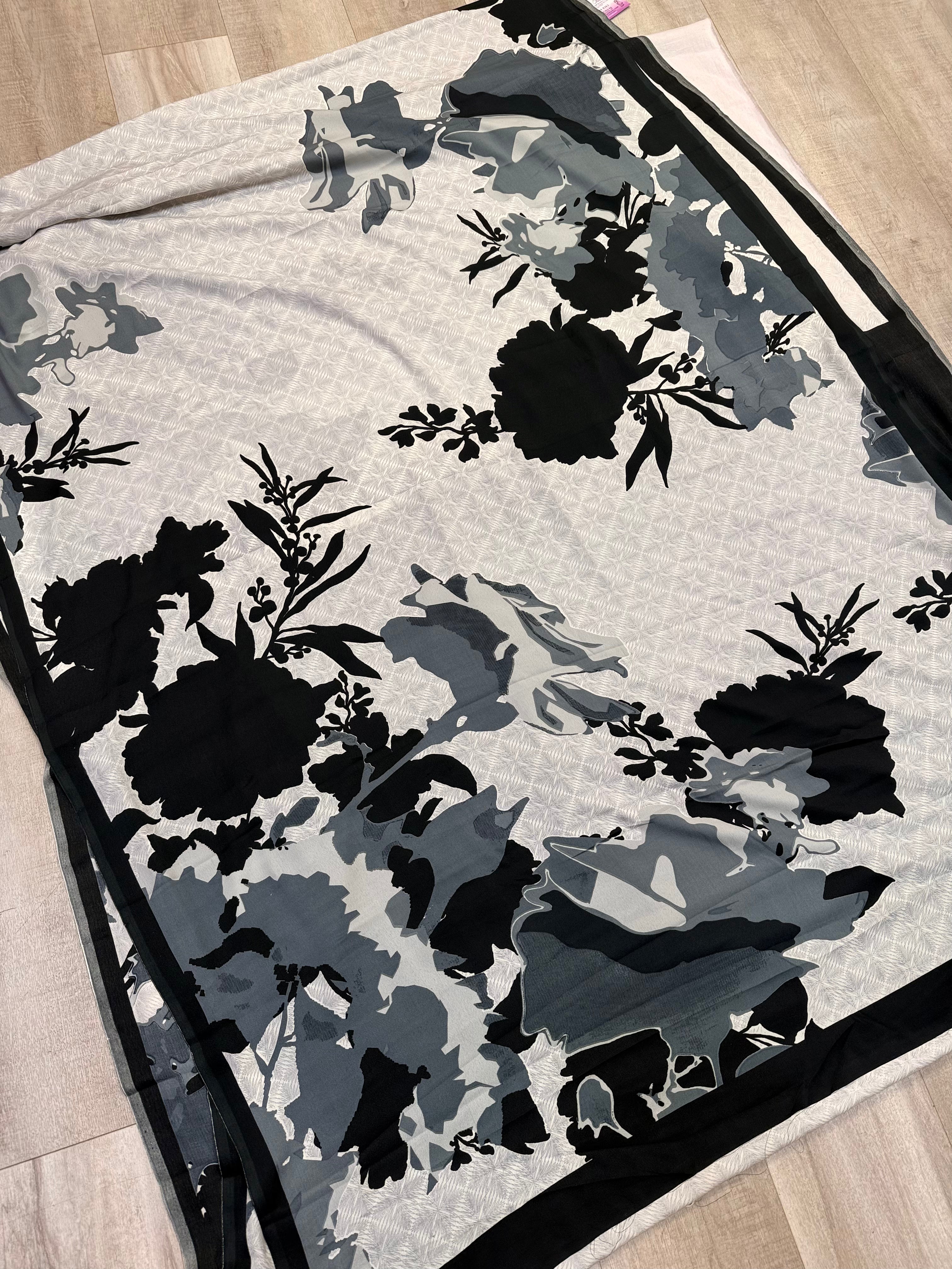 Half White and Black - Satin Silk Saree