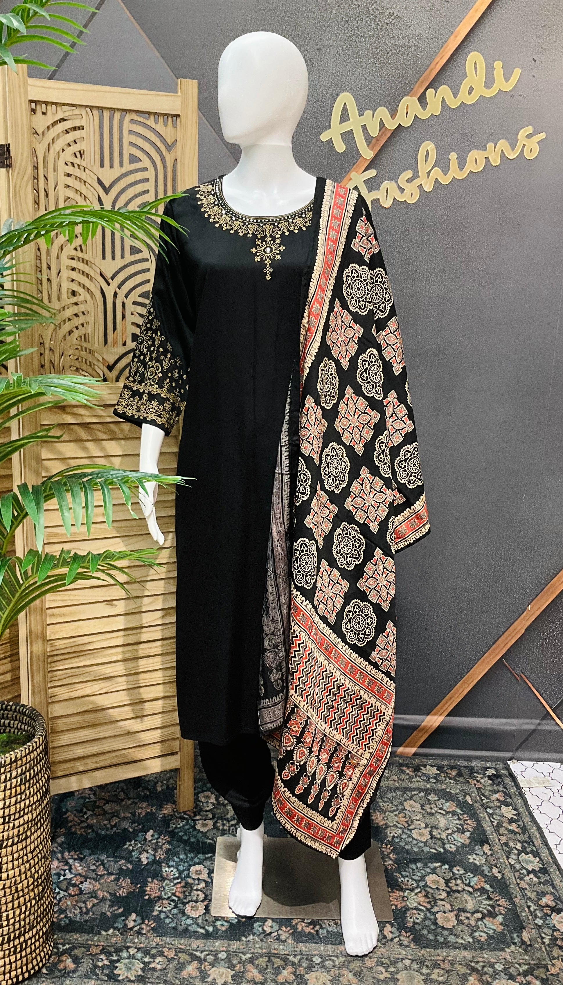 Plus Size - Black Gajji Silk Kurtis set