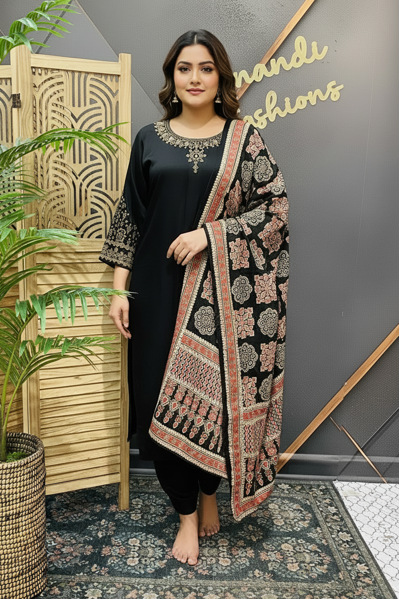 Plus Size - Black Gajji Silk Kurtis set