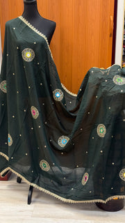 Dark Green Color Silk Dupattas with Mirrors