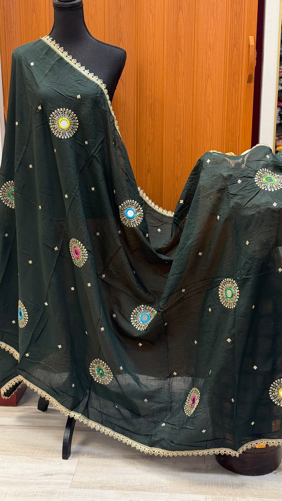 Dark Green Color Silk Dupattas with Mirrors