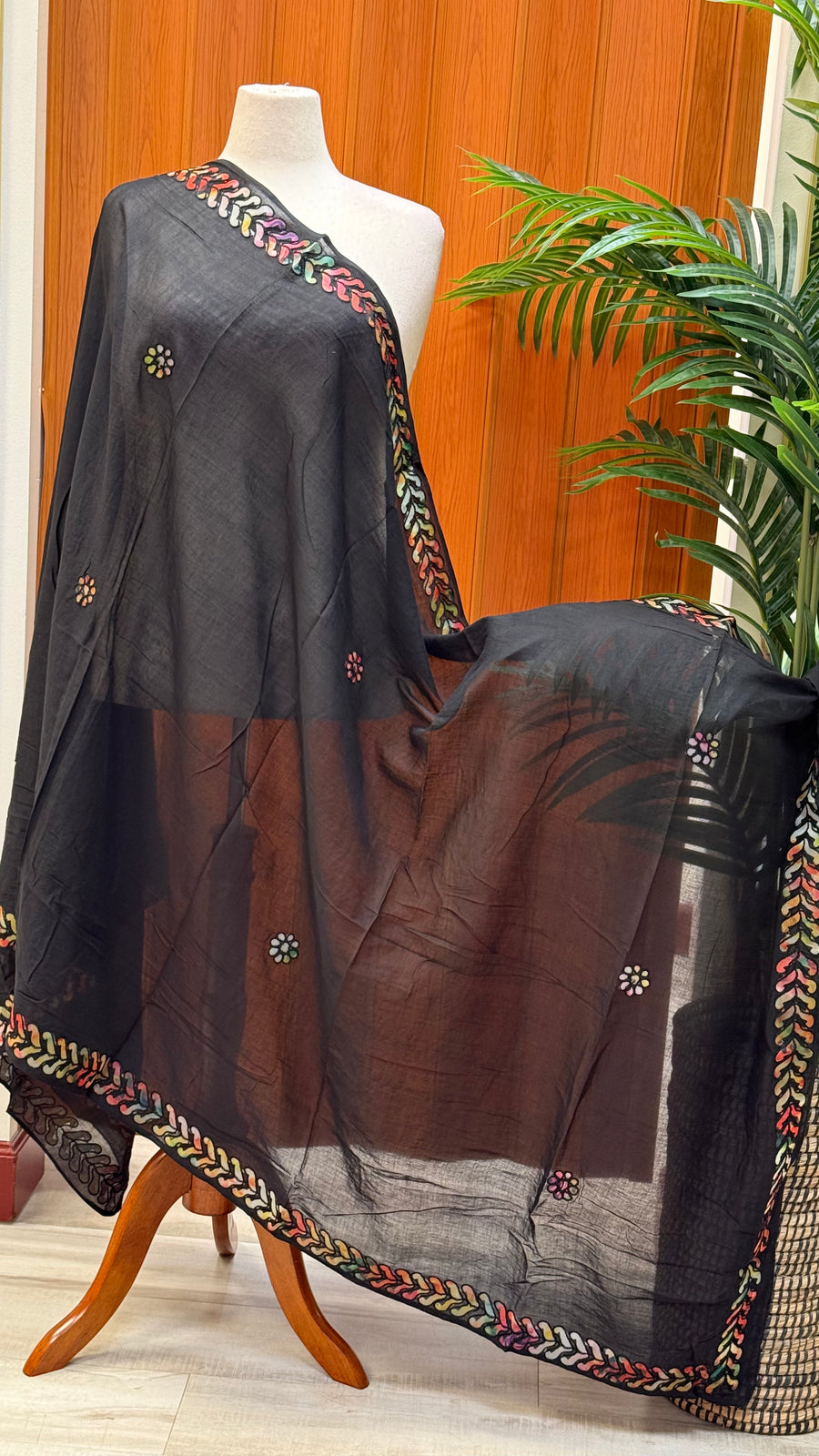 Pure Cotton Black Dupatta with Colorful Border