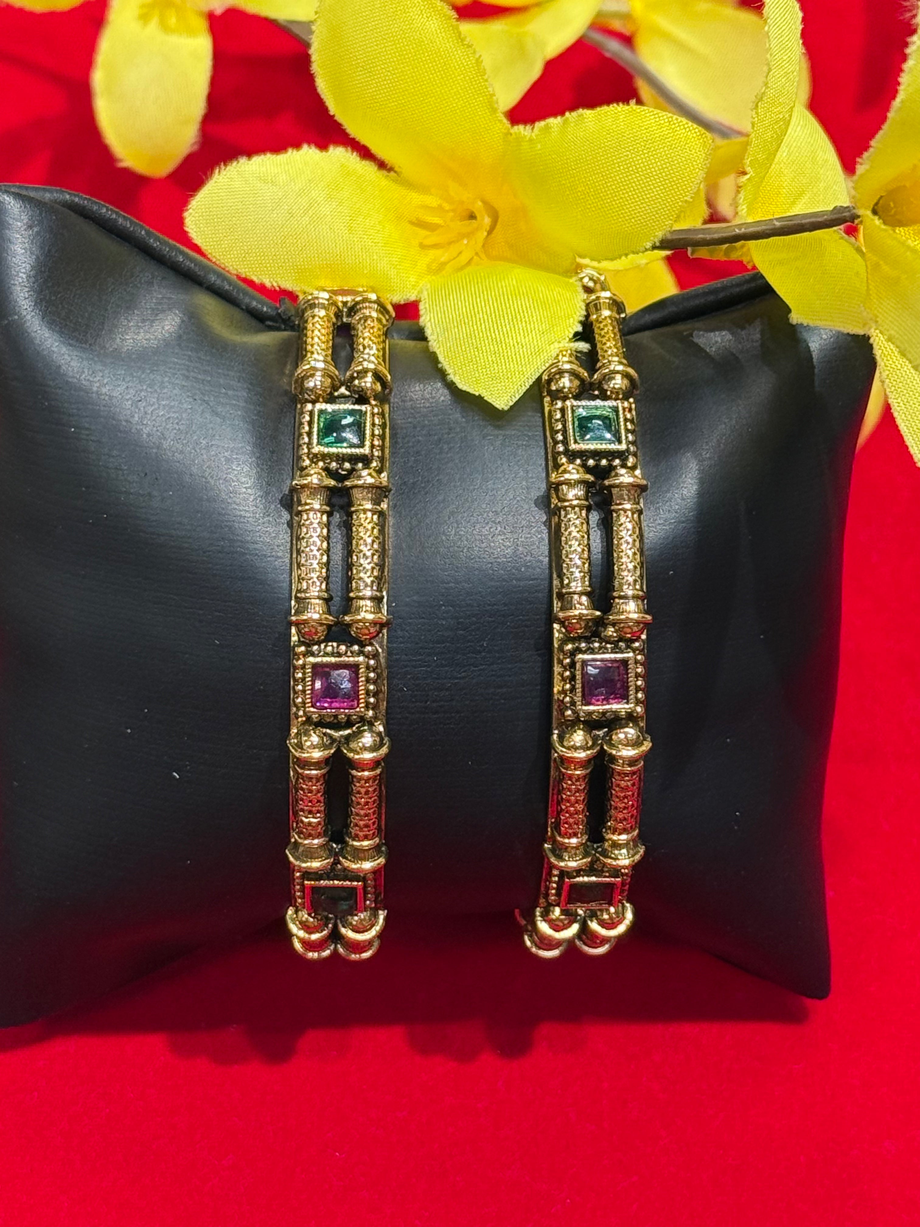 Designer Antique Bangles with Pink & Green Stones - Pair of 2