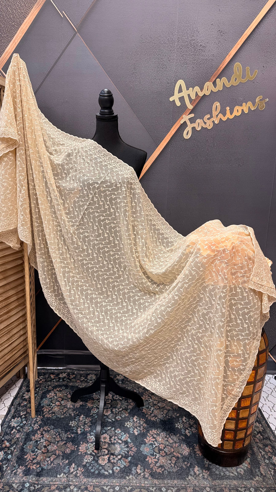Beige/Light Gold Georgette Chikankari Work Dupatta