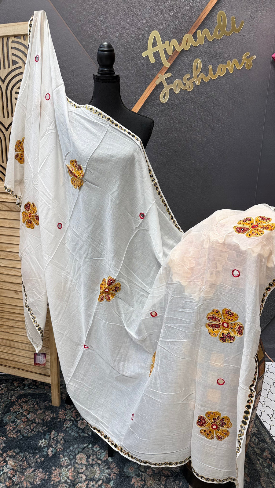 White Pure Cotton mirror dupatta -  - Anandi Fashions