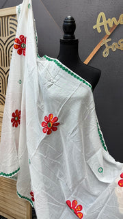 White Pure Khadi Cotton mirror dupatta- Green Border -  - Anandi Fashions