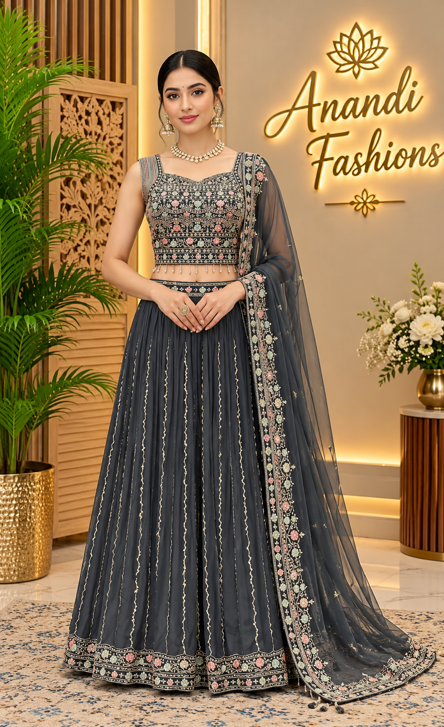 Women’s Grey Chiffon Lehenga Set