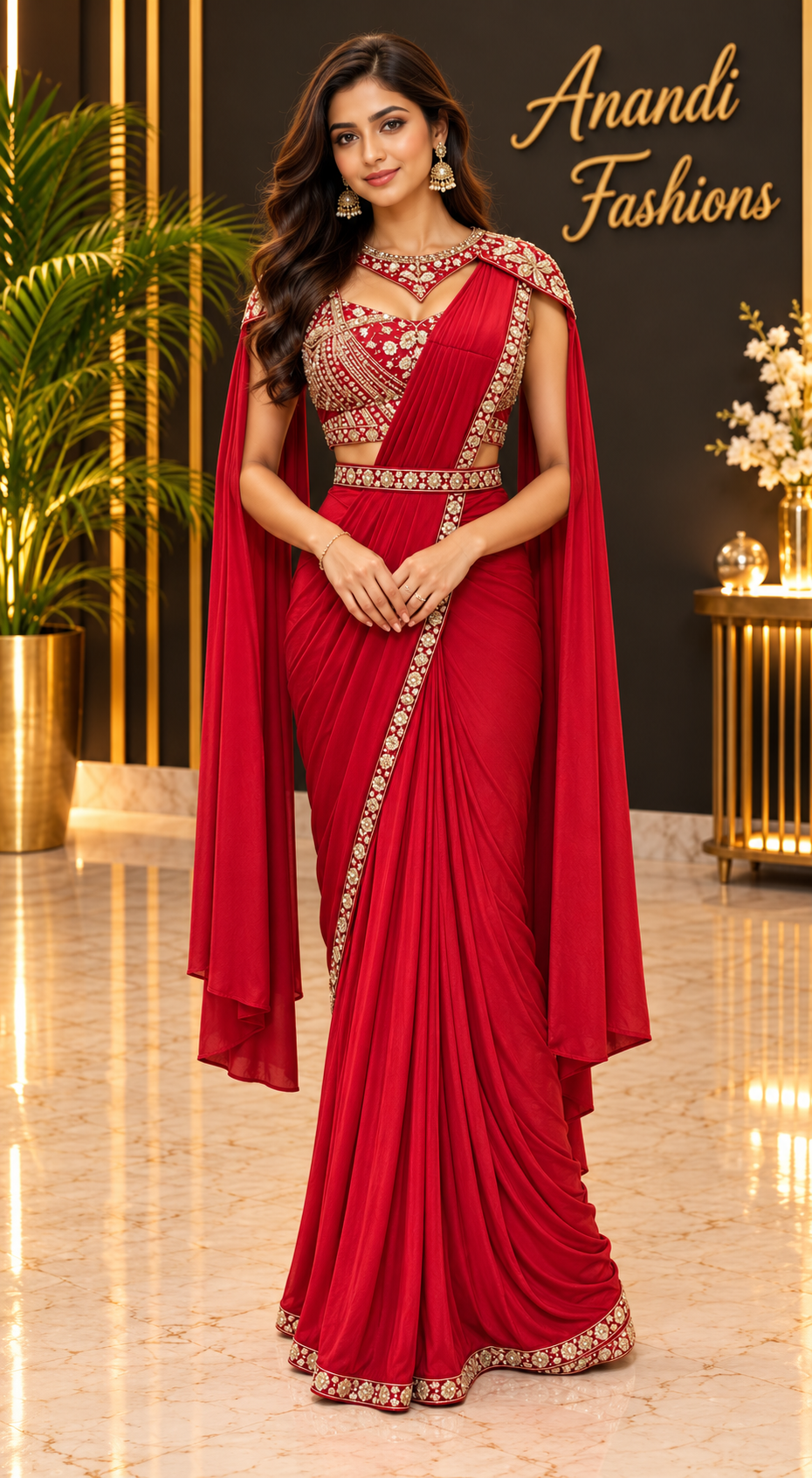 Women's Ready-to-Wear Saree with Gold Cape Blouse