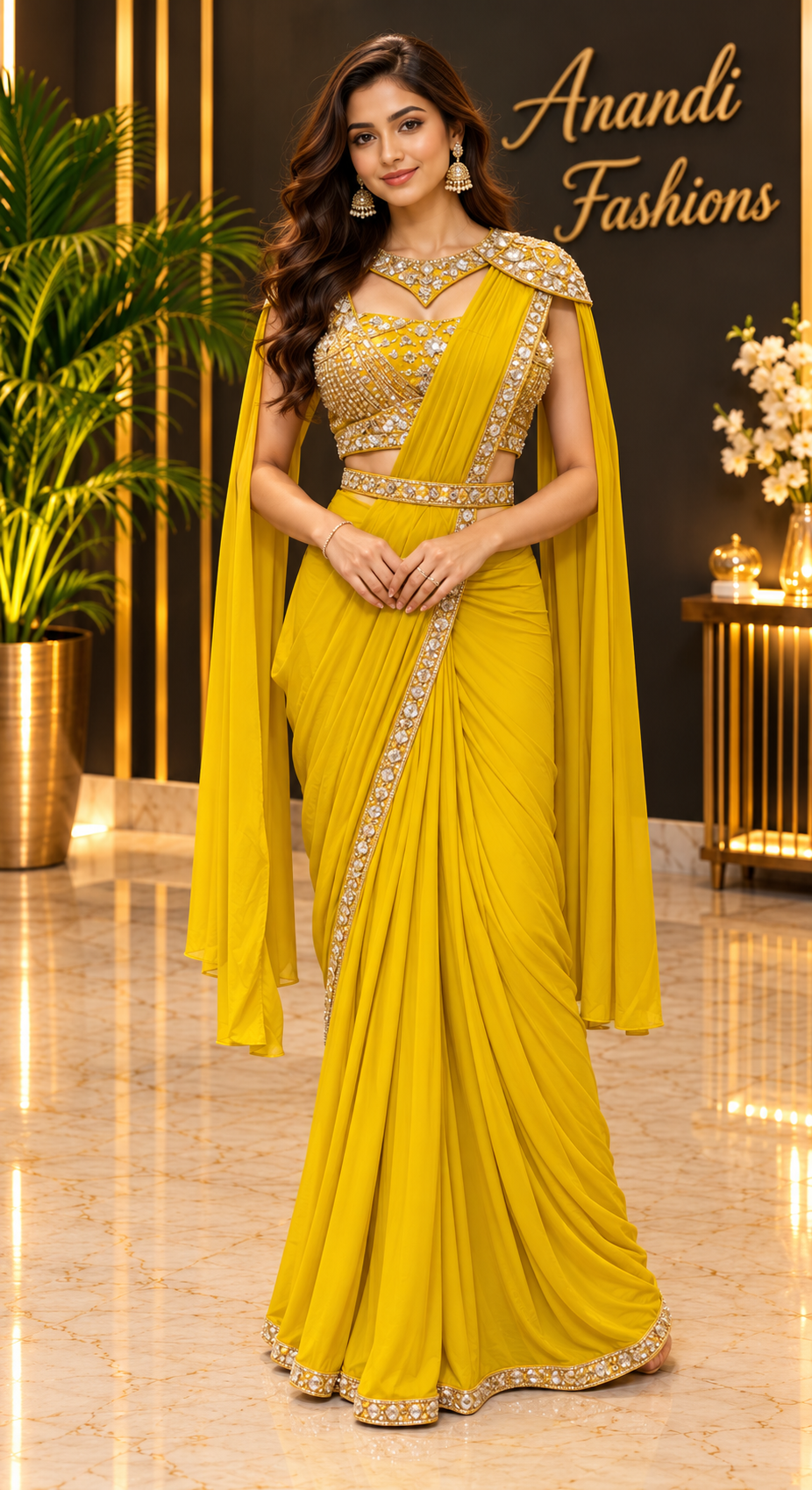 Women's Ready-to-Wear Saree with Gold Cape Blouse