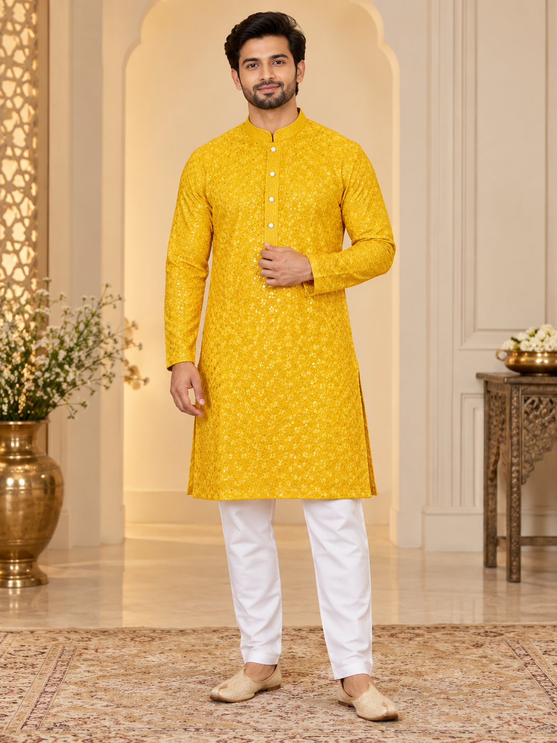 Men’s Yellow Rayon Chikankari Kurta Set – Plus Size
