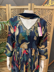 Navy Blue Chiffon Party Wear Kurti Set - Patterned Design