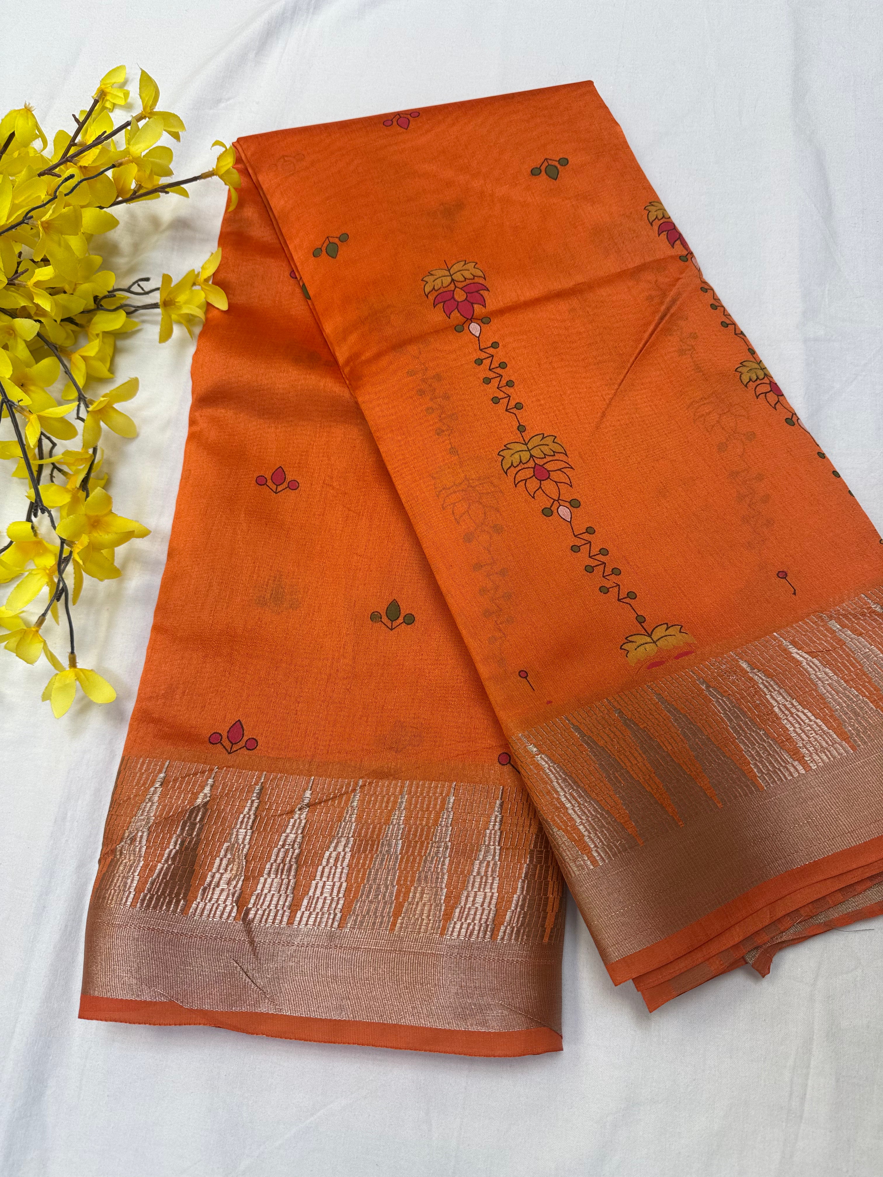 Fancy Orange Temple Border Saree