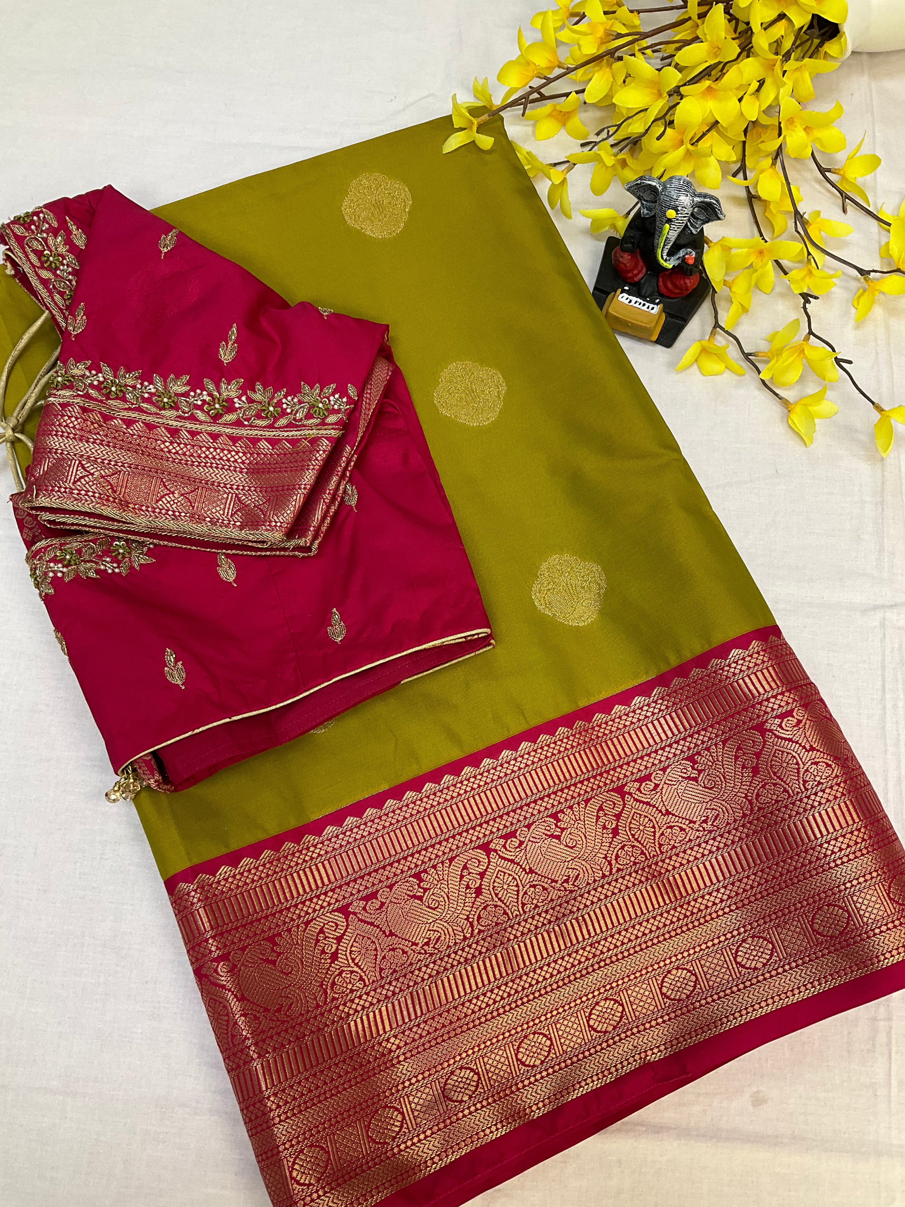 Mehandi green semi kanjeevaram Pattu/Silk saree with maggam work Stitched blouse- Fall Pico done