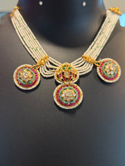 White Small Beads with Jadau Kundan Pendants Necklace Set