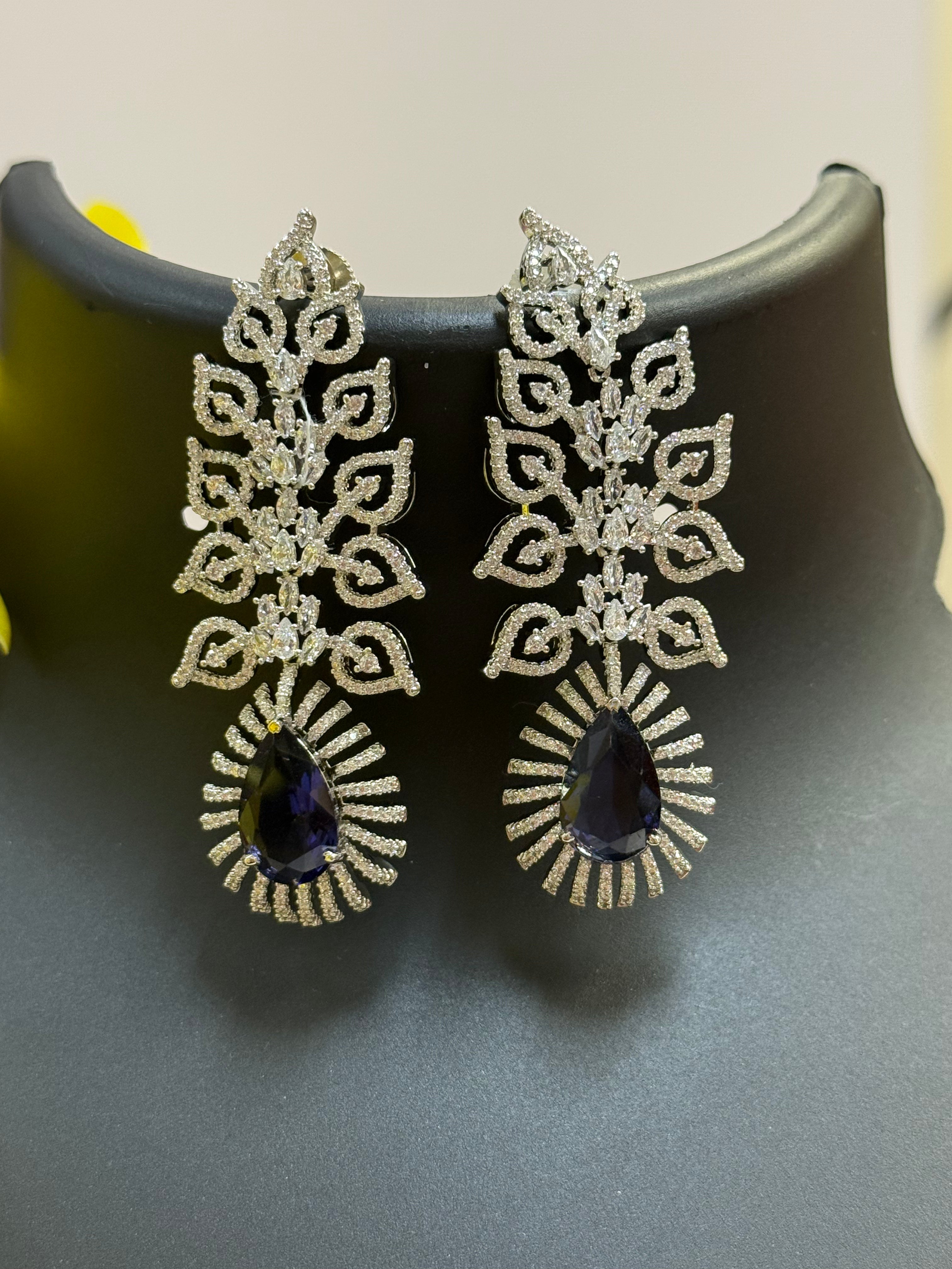 Silver Finish Earrings with Purple Stone