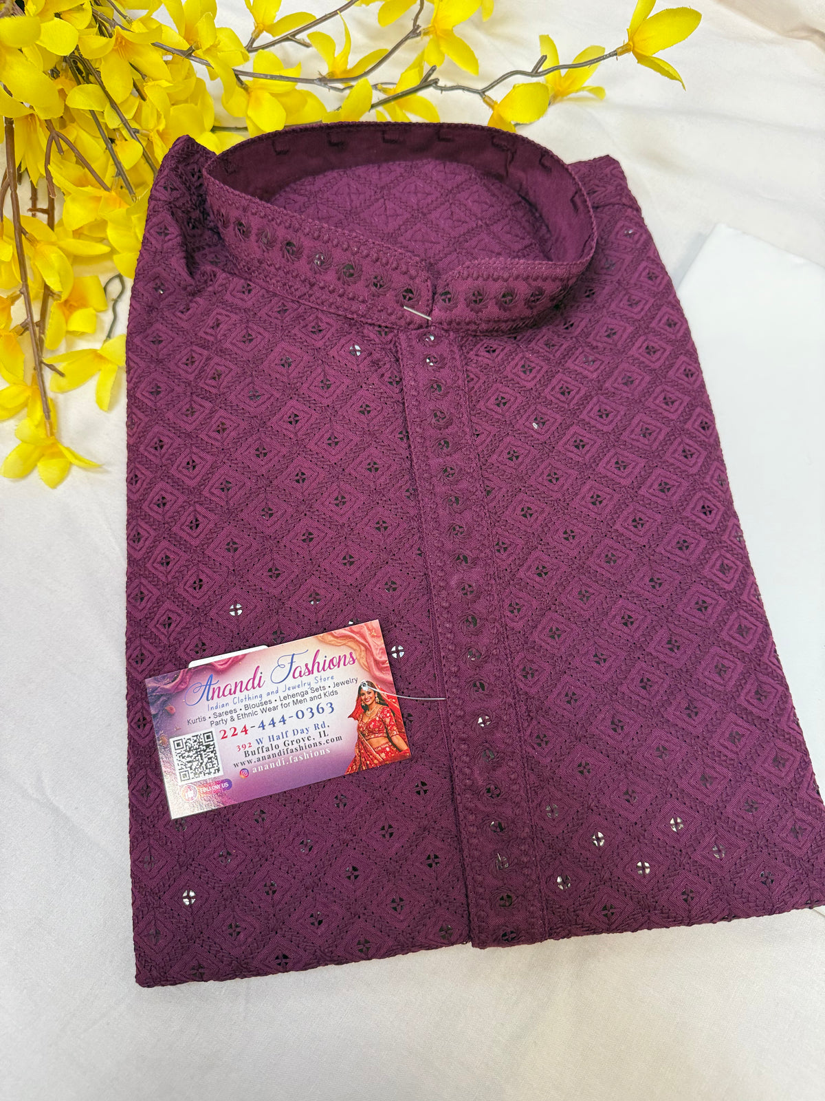 Wine Color- Rayon Chikankari Mens Wear kurta set