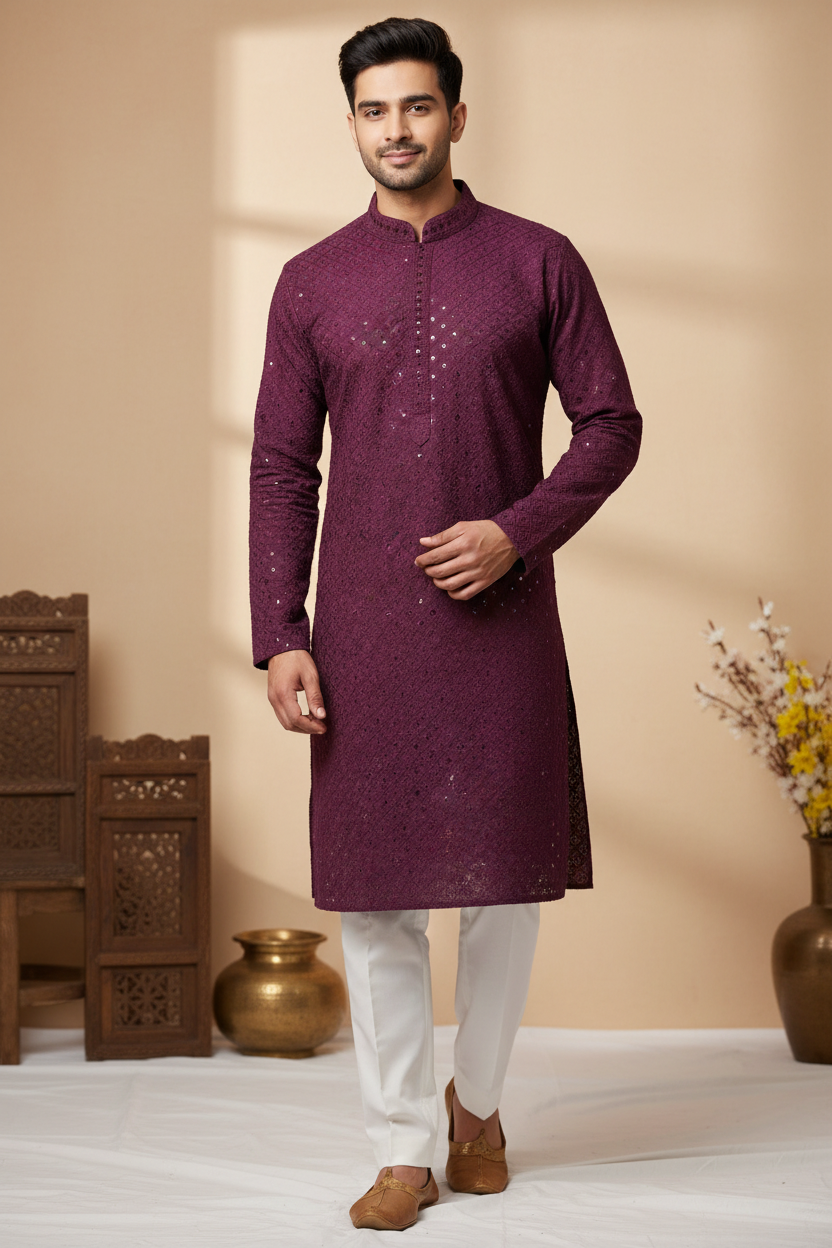 Wine Color- Rayon Chikankari Mens Wear kurta set