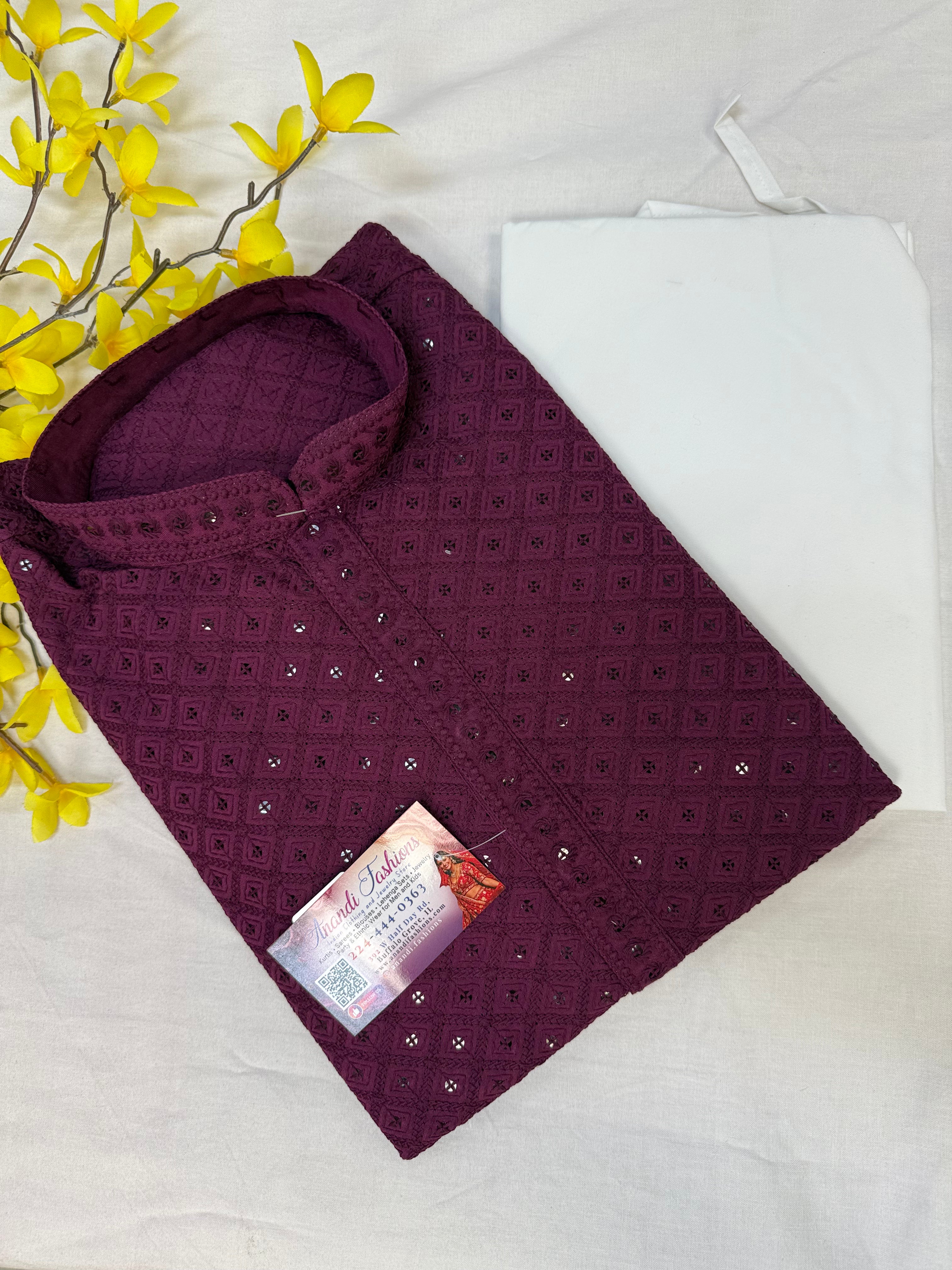 Wine Color- Rayon Chikankari Mens Wear kurta set