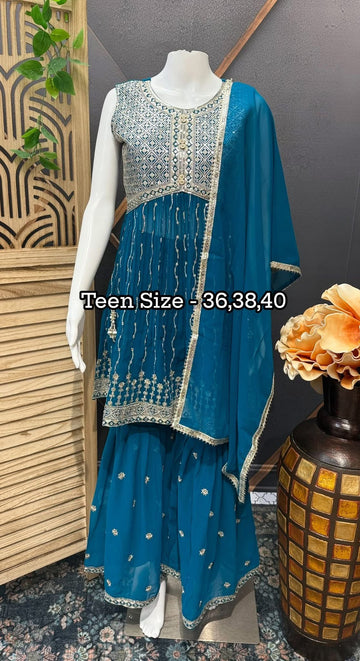 Size 40-Teenage Girls - Blue Georgette Sharara set