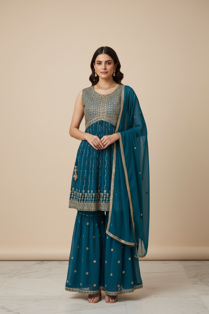 Size 40-Teenage Girls - Blue Georgette Sharara set