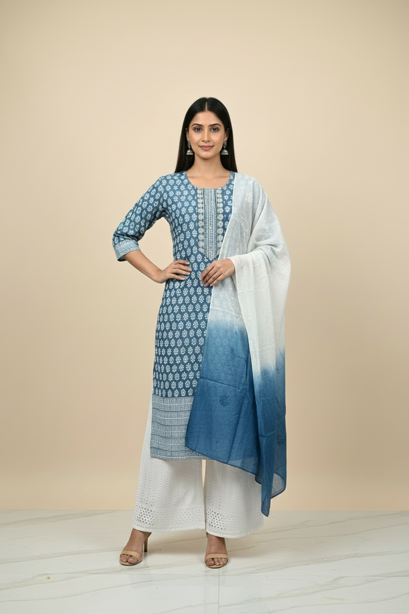 Blue - Cotton Chikankari Kurti sets