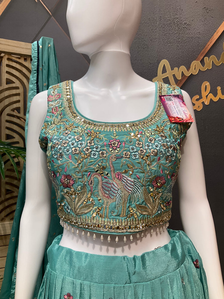 Women’s Sea Green Embroidered Lehenga Choli Set with Matching Dupatta