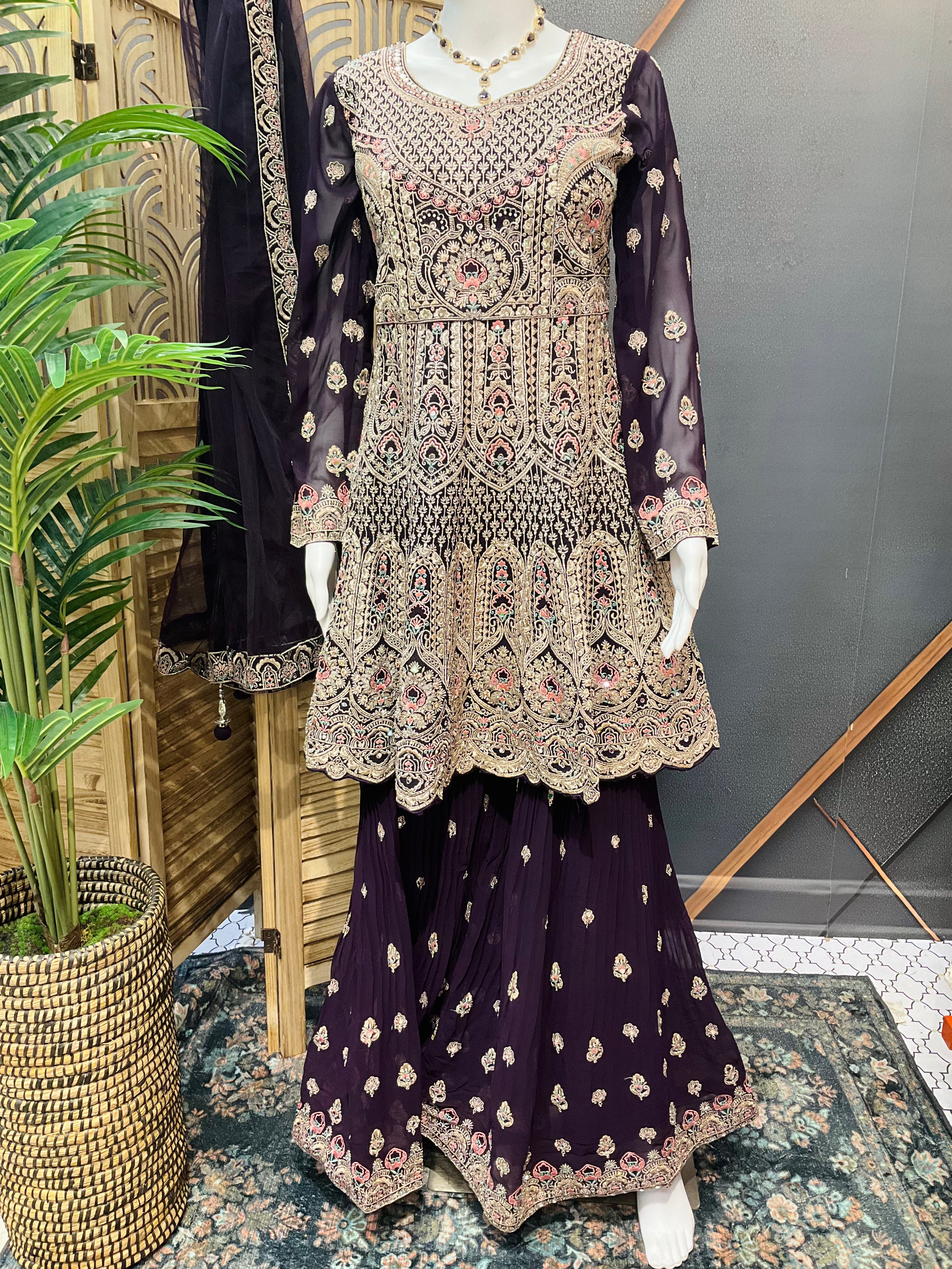 Heavy Embroidery Work Sharara set with Peplum Top