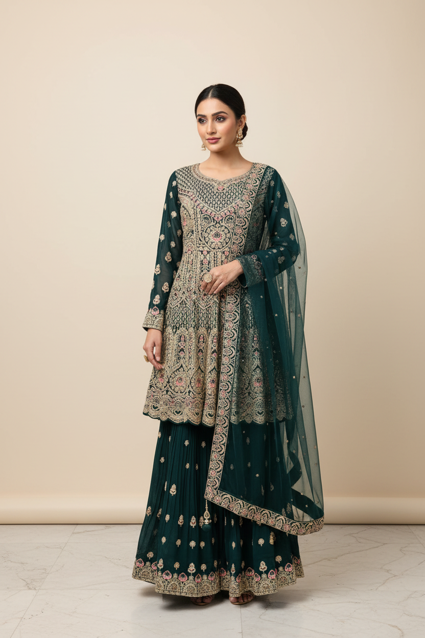Heavy Embroidered with Peplum Top Sharara Set