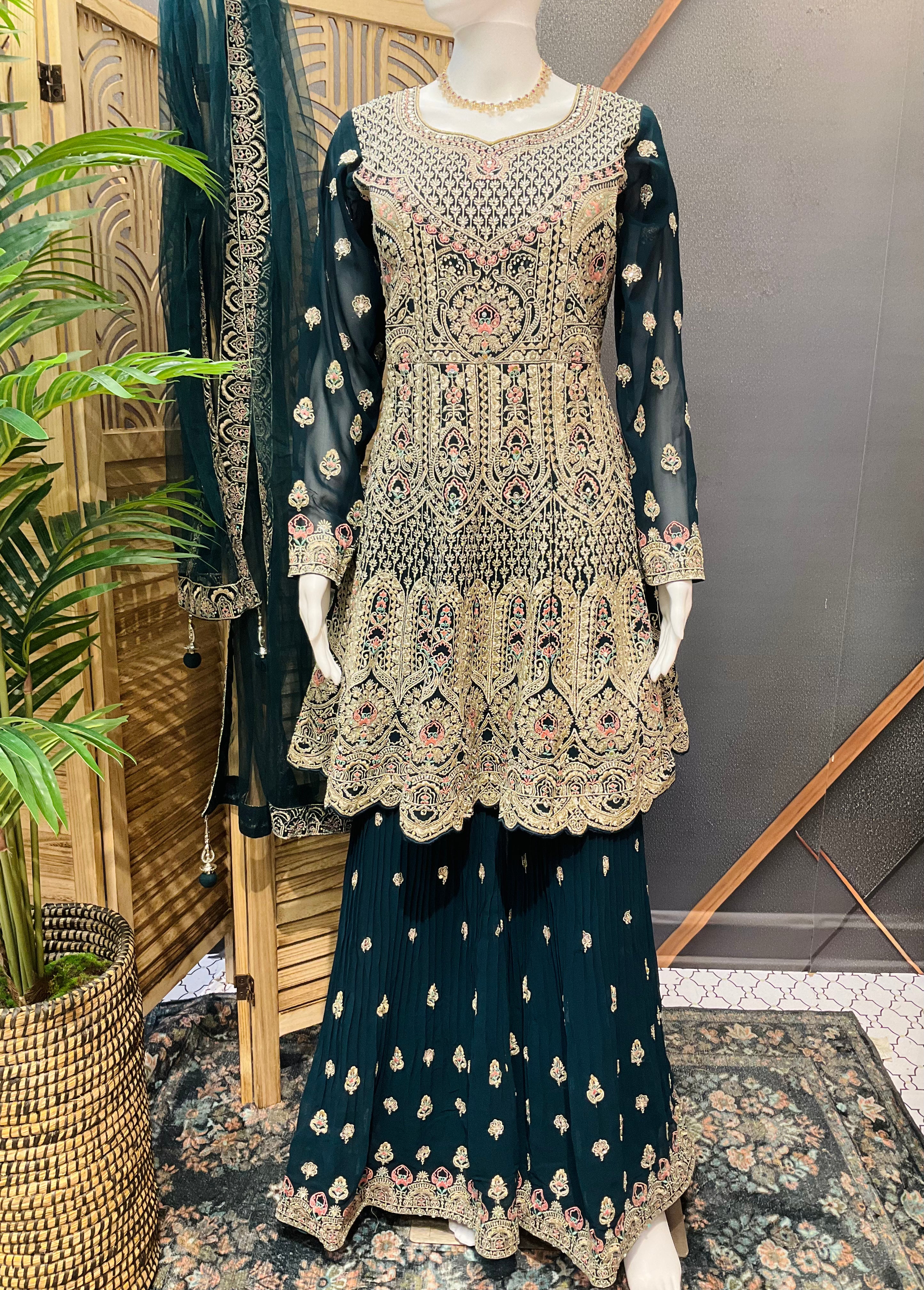 Heavy Embroidery Work Sharara set with Peplum Top