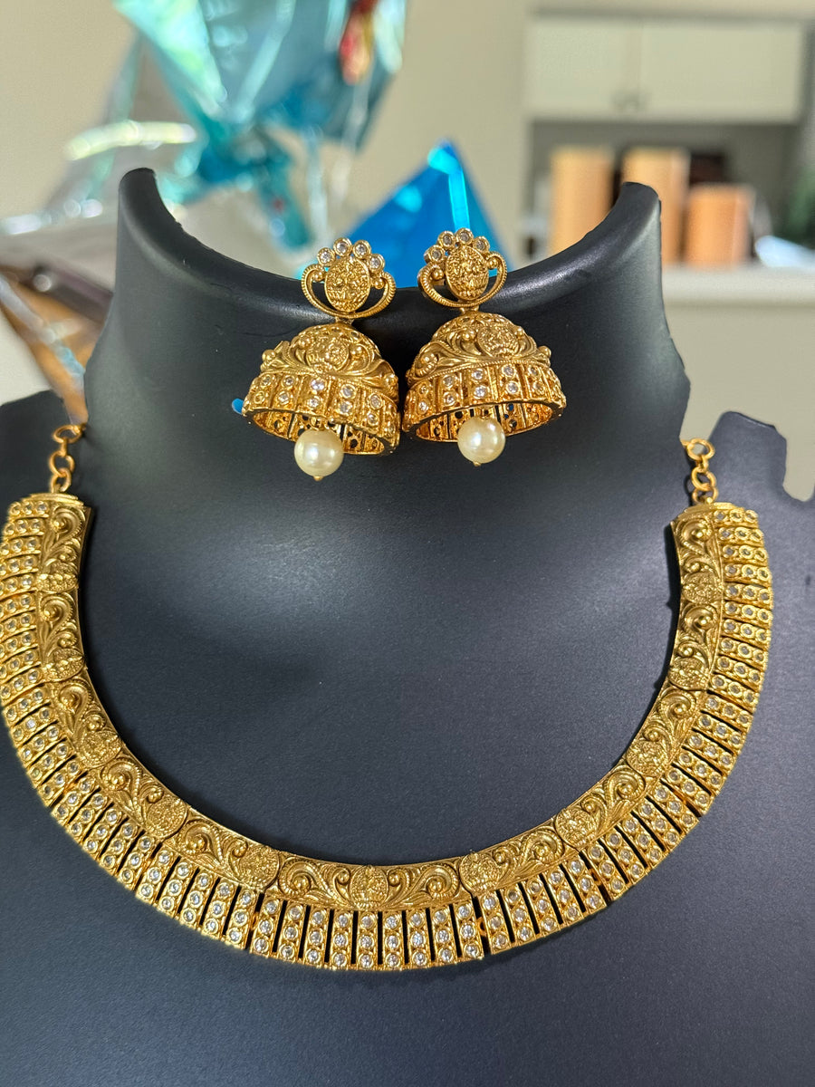 MattFinish Goddess Lakshmi Gold Necklace set with Jhumkas