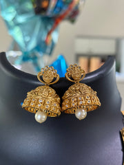 MattFinish Goddess Lakshmi Gold Necklace set with Jhumkas