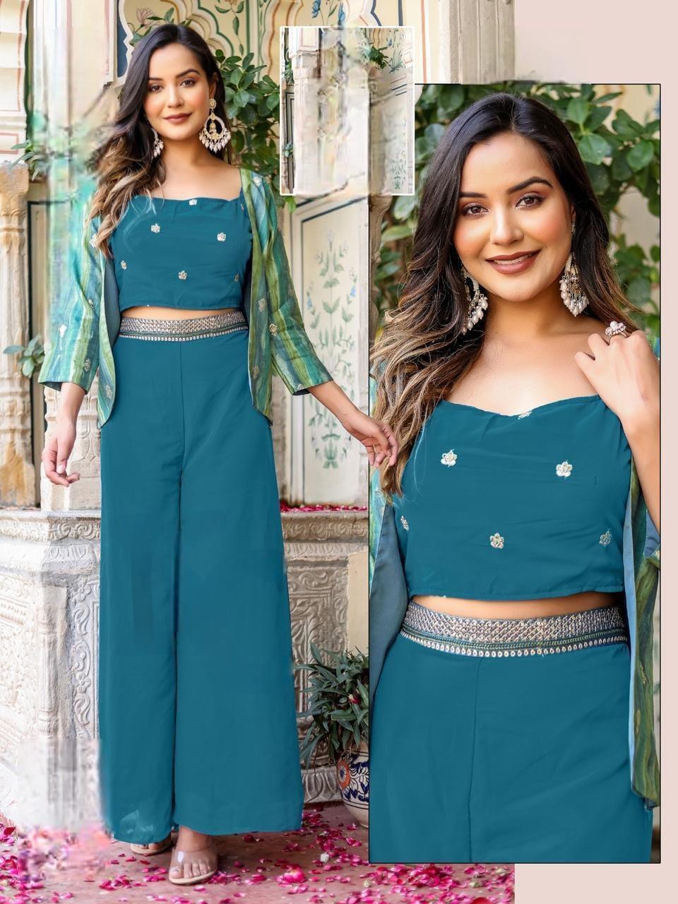Party Wear Stylish Palazzo Set with Vest - Georgette 3-Piece